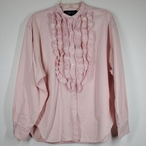 Ralph Lauren Pink Ruffle Front Blouse All Cotton Button Up Shirt Womens